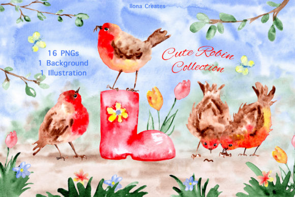 Watercolor Robin Birds Clip Art Set for Creative Projects
