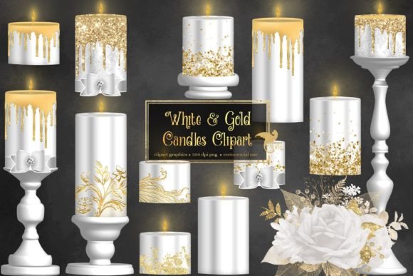 White and Gold Candle Clipart for Elegant Designs
